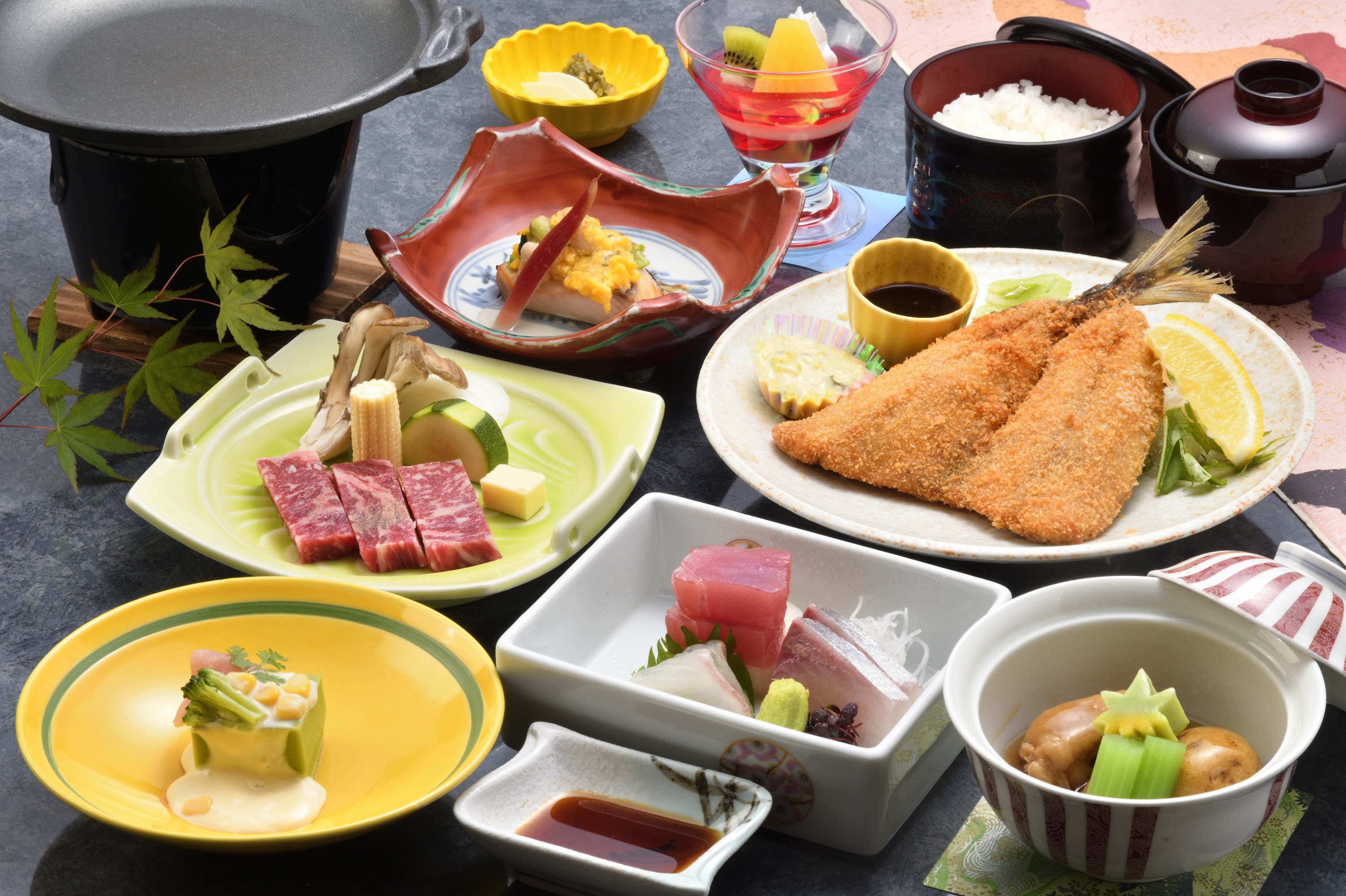あしたか牛ステーキとアジフライ会席